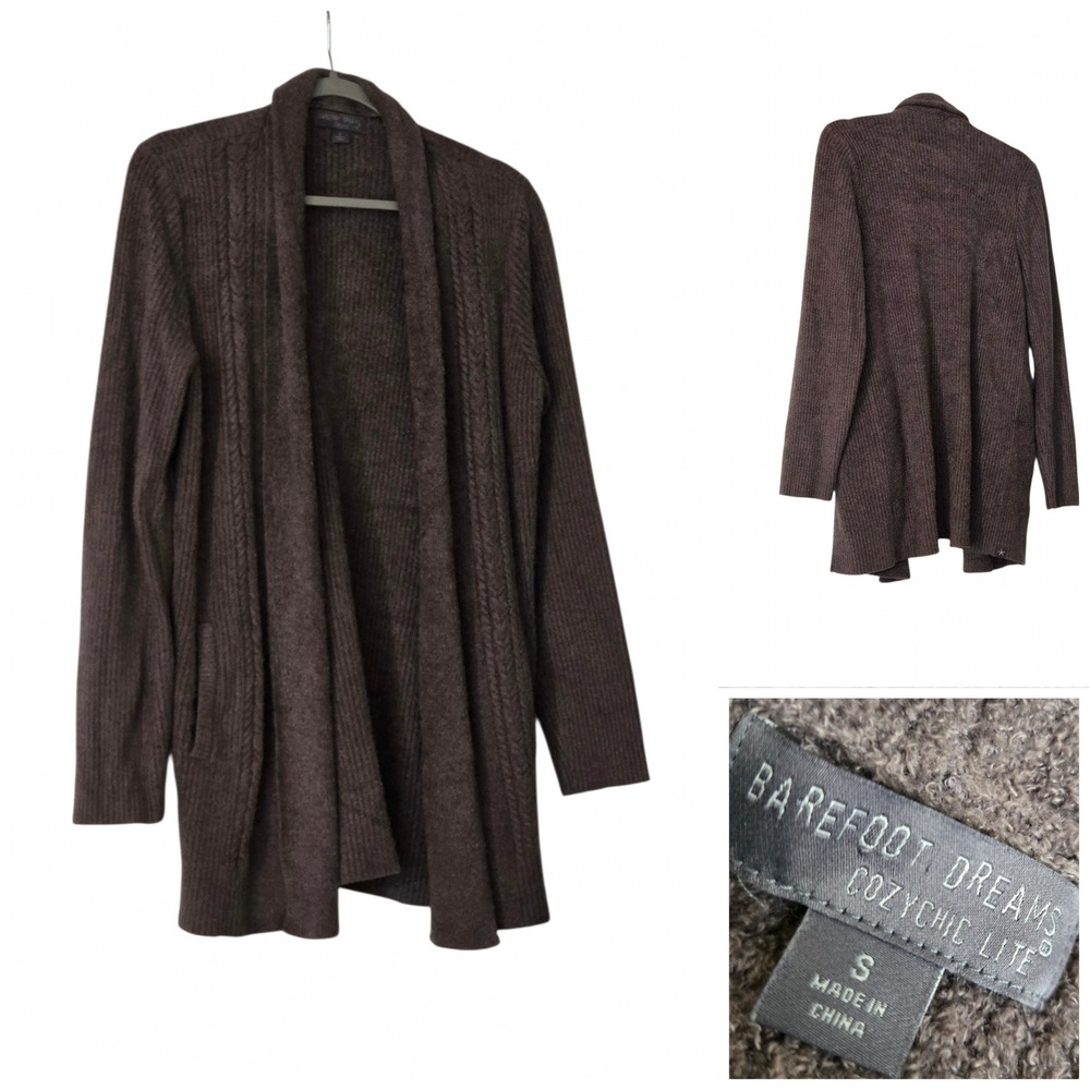 Barefoot Dreams CozyChic Lite Ribbed Cable Knit Cardigan Brown BDWCL20924 Small
